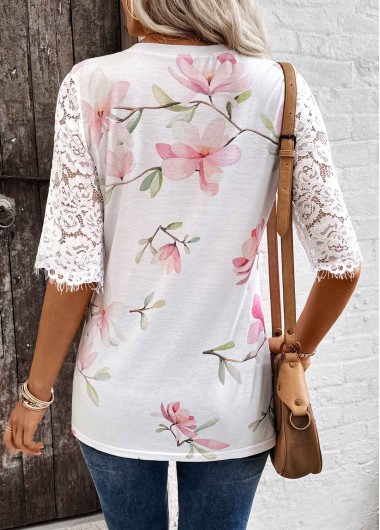 White tops,Floral tops,Plants tops,ROTITA Tuck Stitch Floral Print White Split Neck T Shirt