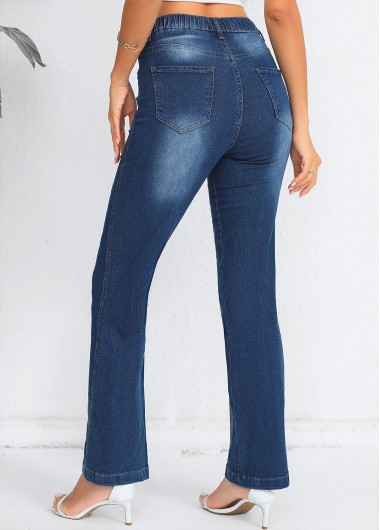 Denim Blue bottoms,Plain Color bottoms,Denim Blue Elastic Waist High Waisted Jeans