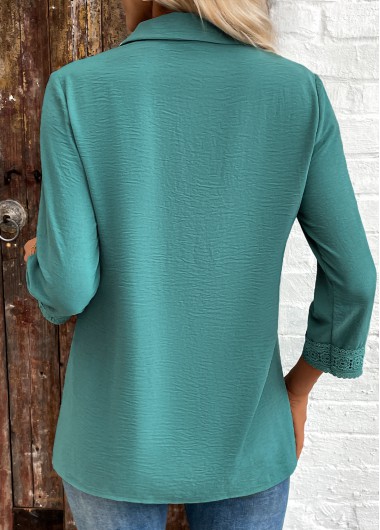 Turquoise tops,Plain Color tops,ROTITA Patchwork Turquoise Button 3/4 Sleeve Shirt