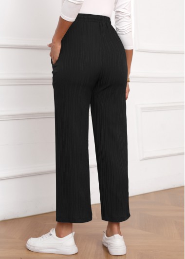 Black bottoms,Plain Color bottoms,Textured Fabric Black Drawastring High Waisted Pants