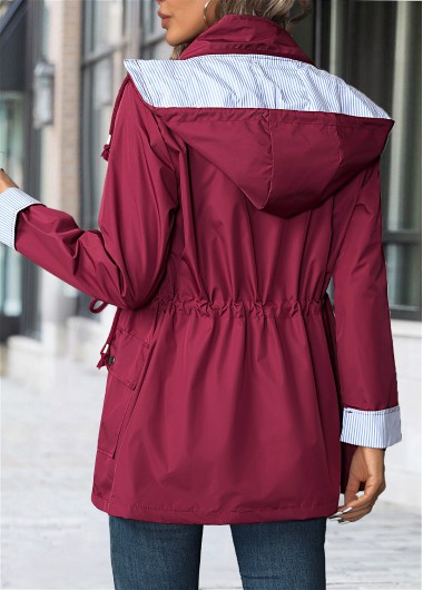 Wine Red tops,Plain Color tops,Lace Up Wine Red Hooded Long Sleeve Trench Coat