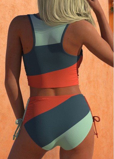 Multi Color swimwear,Striped swimwear,Geometric swimwear,ROTITA Ruched Multi Color Striped Mid Waisted Bikini Set