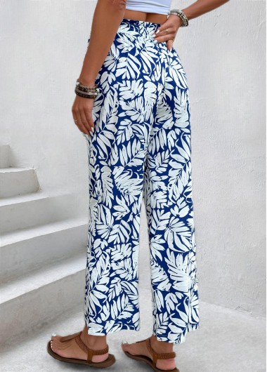 Navy bottoms,Plants bottoms,Leaf Print Navy Straight Leg Elastic Waist Pants