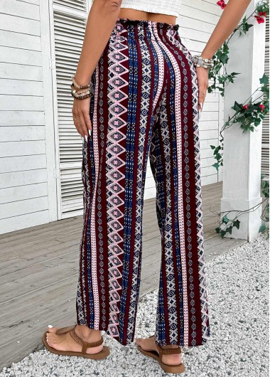 Dark Coffee bottoms,Geometric bottoms,Geometric Print Dark Coffee Wide Leg Elastic Waist Pants