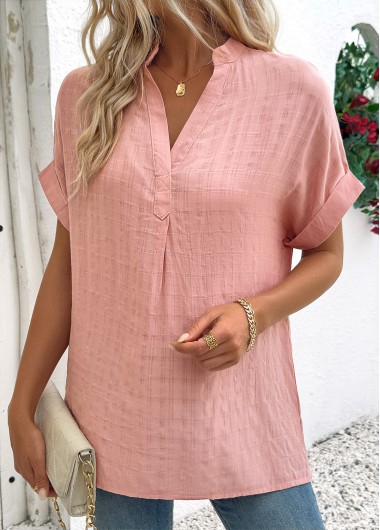 Dusty Pink tops,Plain Color tops,ROTITA Dusty Pink Split Neck Short Sleeve Blouse