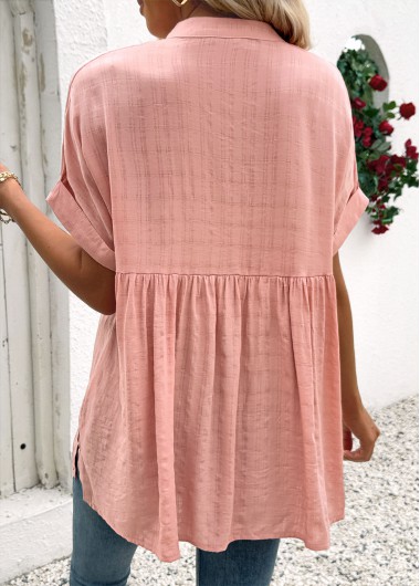 Dusty Pink tops,Plain Color tops,ROTITA Dusty Pink Split Neck Short Sleeve Blouse