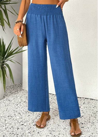 Blue bottoms,Plain Color bottoms,Blue Straight Leg Elastic Waist High Waisted Pants