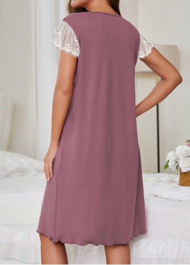 Dusty Purple loungewear,Contrast Color loungewear,ROTITA Dusty Purple Round Neck Short Sleeve Nightdress