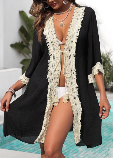 Black swimwear,Contrast Color swimwear,Black Tassel Patchwork 3/4 Sleeve Cover Up