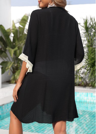 Black swimwear,Contrast Color swimwear,Black Tassel Patchwork 3/4 Sleeve Cover Up