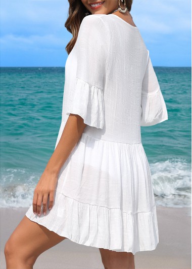 White swimwear,Plain Color swimwear,White Patchwork Hollow Out Cover Up