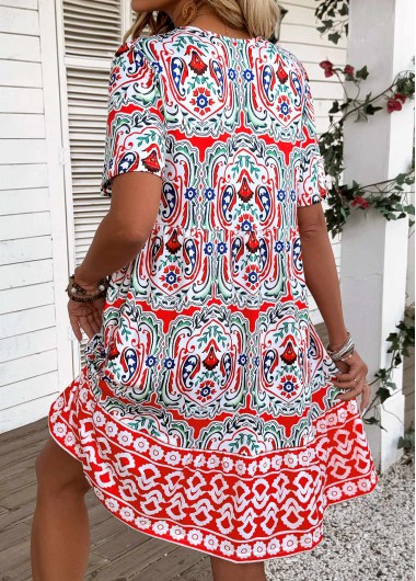 Multi Color dresses,Tribal dresses,Vacation dresses,Vacation dresses,ROTITA Tribal Print Multi Color A Line Round Neck Dress