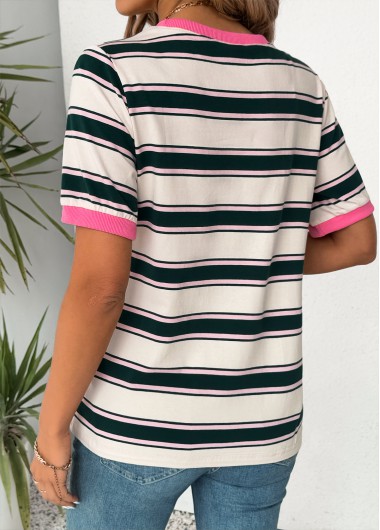Multi Color tops,Striped tops,Geometric tops,ROTITA Multi Stripe Print Round Neck Short Sleeve T Shirt