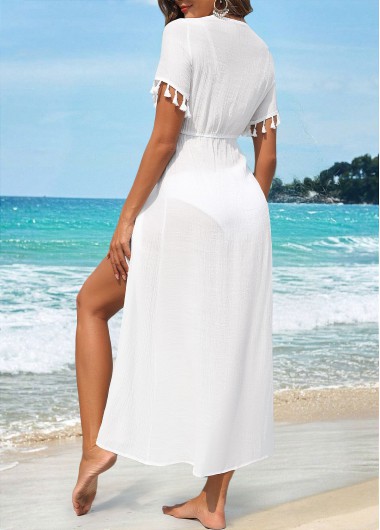 White swimwear,Plain Color swimwear,White Twist Short Sleeve Tassel Cover Up