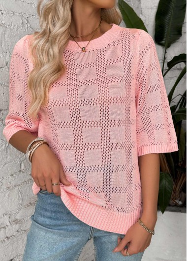 Light Pink tops,Plain Color tops,Light Pink Round Neck Half Sleeve T Shirt