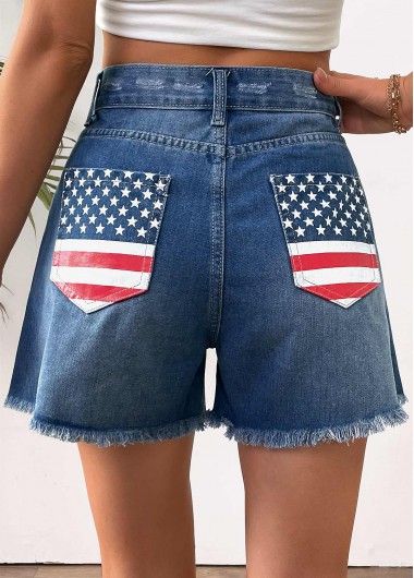 Denim Blue bottoms,Flag bottoms,American Flag Denim Blue Straight Leg Button Fly Shorts