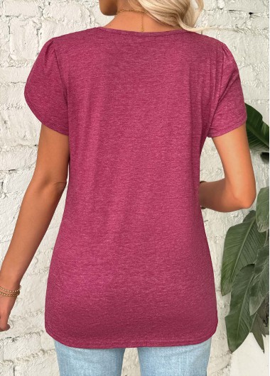 Dark Reddish Purple tops,Plain Color tops,ROTITA Dark Reddish Purple V Neck Short Sleeve T Shirt
