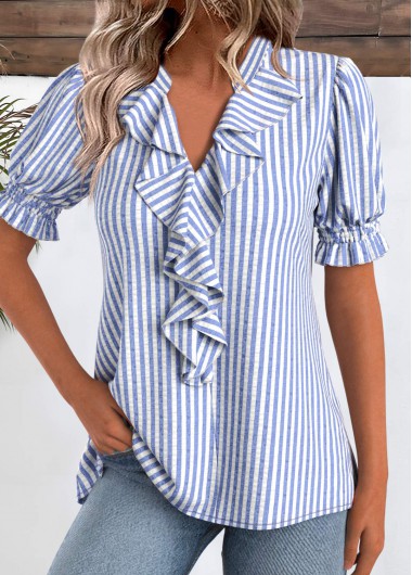 Blue tops,Striped tops,Geometric tops,ROTITA Striped Blue V Neck Short Sleeve Blouse