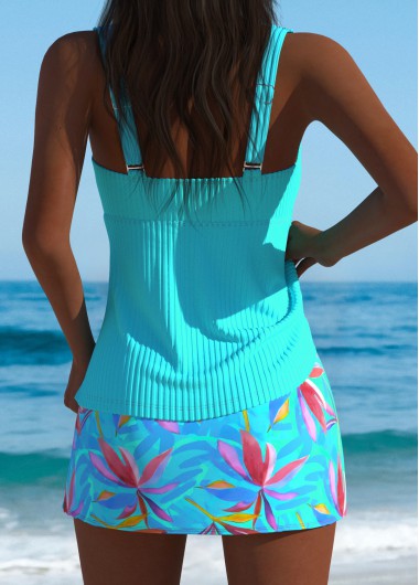 Cyan swimwear,Plants swimwear,ROTITA Cyan Leaf Print Mid Waisted Tankini Set