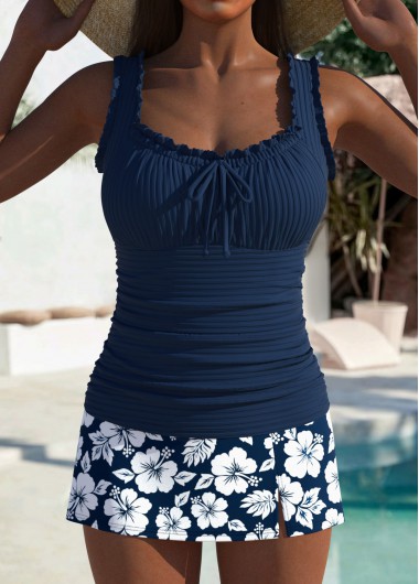 Blue swimwear,Floral swimwear,Plants swimwear,ROTITA Blue Floral Print Mid Waisted Tankini Set