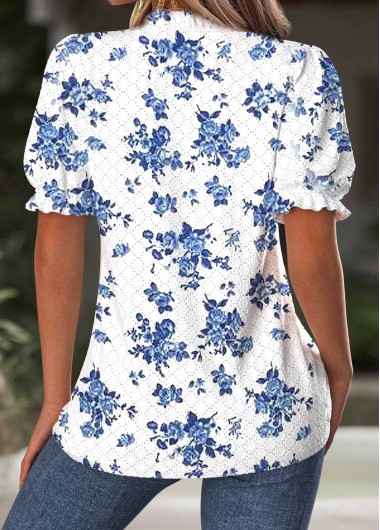 White tops,Floral tops,Plants tops,ROTITA Floral Print White Split Neck Short Sleeve Blouse