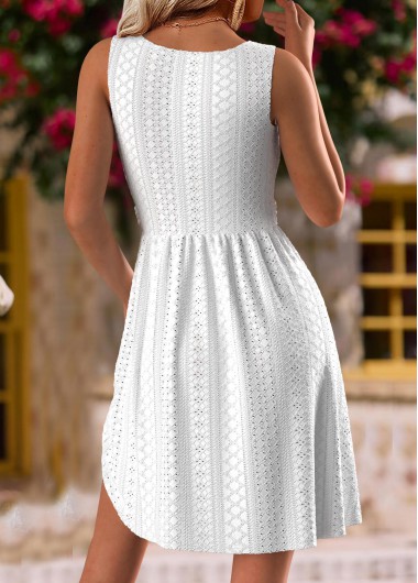 White dresses,Plain Color dresses,Everyday dresses,Casual dresses,ROTITA White Short Round Neck Sleeveless Dress