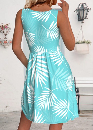 Mint Green dresses,Plants dresses,Everyday dresses,Casual dresses,ROTITA Leaf Print Mint Green Short Round Neck Sleeveless Dress