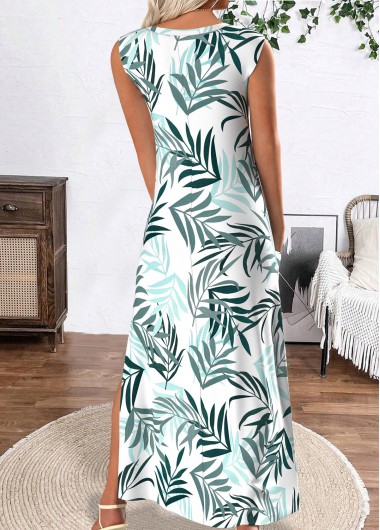 White dresses,Plants dresses,Everyday dresses,Casual dresses,ROTITA Tropical Plants Print White Maxi A Line Dress