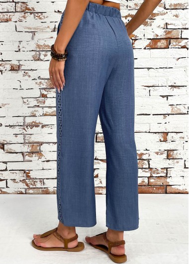 Denim Blue bottoms,Plain Color bottoms,Denim Blue Straight Leg Elastic Waist High Waisted Pants