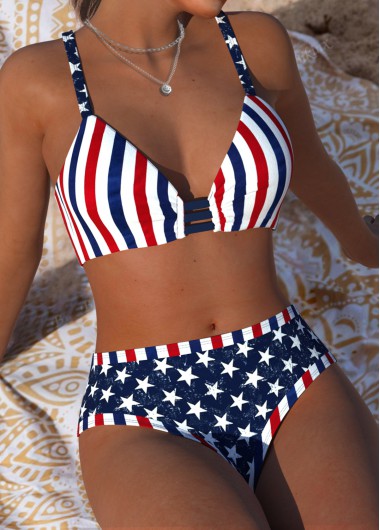 Navy swimwear,Flag swimwear,ROTITA Navy American Flag Print Mid Waisted Bikini Set
