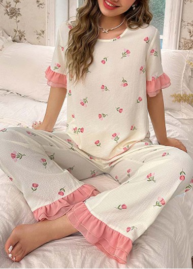 Pink loungewear,Floral loungewear,Plants loungewear,Floral Print Pink Round Neck Lounge Top and Pants