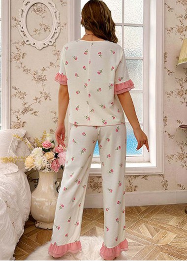 Pink loungewear,Floral loungewear,Plants loungewear,Floral Print Pink Round Neck Lounge Top and Pants