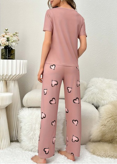 Pink loungewear,Heart loungewear,Heart Print Pink Round Neck Lounge Top and Pants