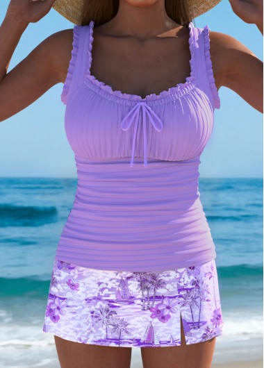 Light Purple swimwear,Plants swimwear,ROTITA Light Purple Tropical Plants Print Mid Waisted Tankini Set