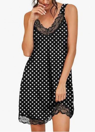 Black loungewear,Dot loungewear,Polka Dot Black V Neck Sleeveless Nightdress