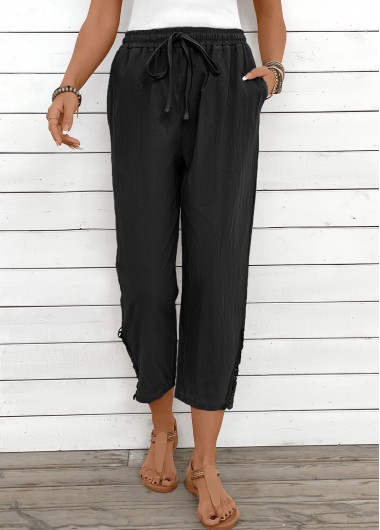 Black bottoms,Plain Color bottoms,Black Straight Leg Elastic Waist High Waisted Pants