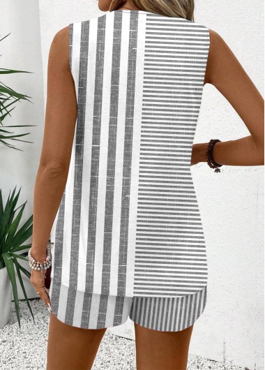 Grey tops,Striped tops,Geometric tops,ROTITA Striped Grey V Neck Sleeveless Tank Top and Shorts
