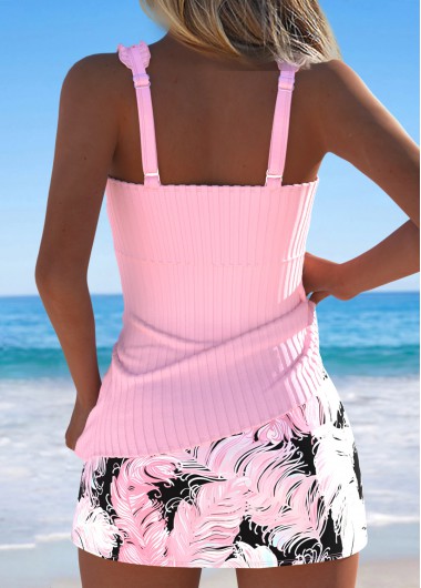 Light Pink swimwear,Tribal swimwear,ROTITA Light Pink Feathers Print Mid Waisted Tankini Set