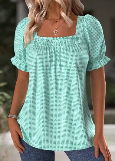 Mint Green tops,Plain Color tops,ROTITA Mint Green Square Neck Short Sleeve T Shirt