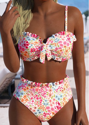 Pink swimwear,Ditsy Floral swimwear,ROTITA Pink Ditsy Floral Print Mid Waisted Bikini Set
