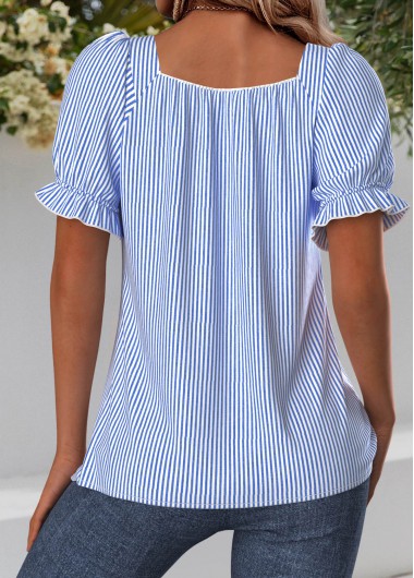 Blue tops,Striped tops,Geometric tops,ROTITA Striped Blue Square Neck Short Sleeve Blouse