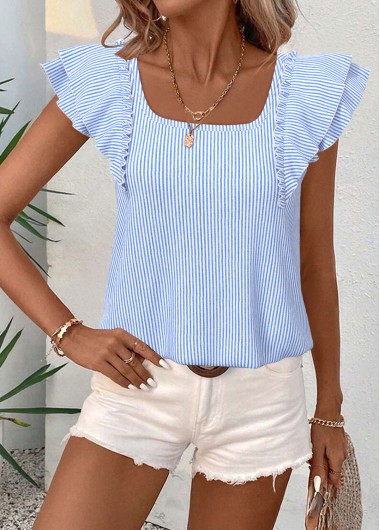 Blue tops,Striped tops,Geometric tops,ROTITA Striped Blue Square Neck Short Sleeve T Shirt