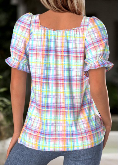 Multi Color tops,Plaid tops,Geometric tops,ROTITA Plaid Multi Color Square Neck Short Sleeve Blouse