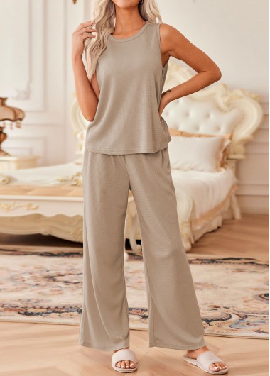 Light Camel loungewear,Plain Color loungewear,Light Camel Round Neck Sleeveless Lounge Top and Pants