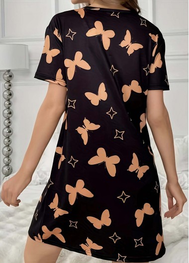 Black loungewear,Animal Print loungewear,Animal Print Black Round Neck Short Sleeve Nightdress