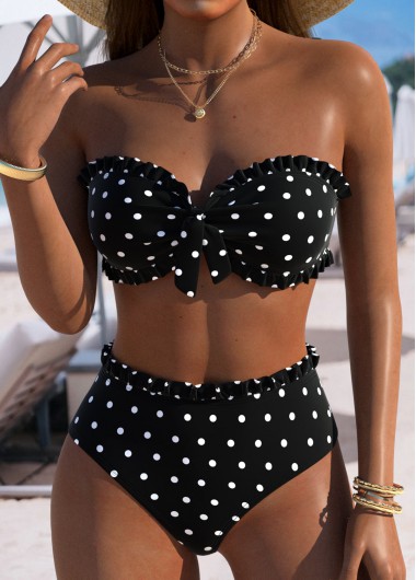 Black swimwear,Dot swimwear,ROTITA Black Polka Dot Mid Waisted Bikini Set