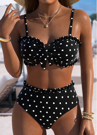 Black swimwear,Dot swimwear,ROTITA Black Polka Dot Mid Waisted Bikini Set