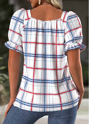 White tops,Plaid tops,Geometric tops,ROTITA Plaid White Square Neck Short Sleeve T Shirt