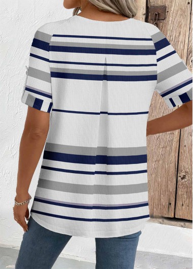 White tops,Striped tops,Geometric tops,ROTITA Striped White Round Neck Short Sleeve Blouse