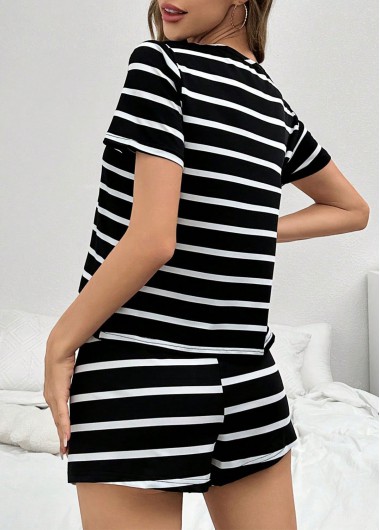 Black loungewear,Striped loungewear,Geometric loungewear,Striped Black Round Neck Lounge Top and Shorts